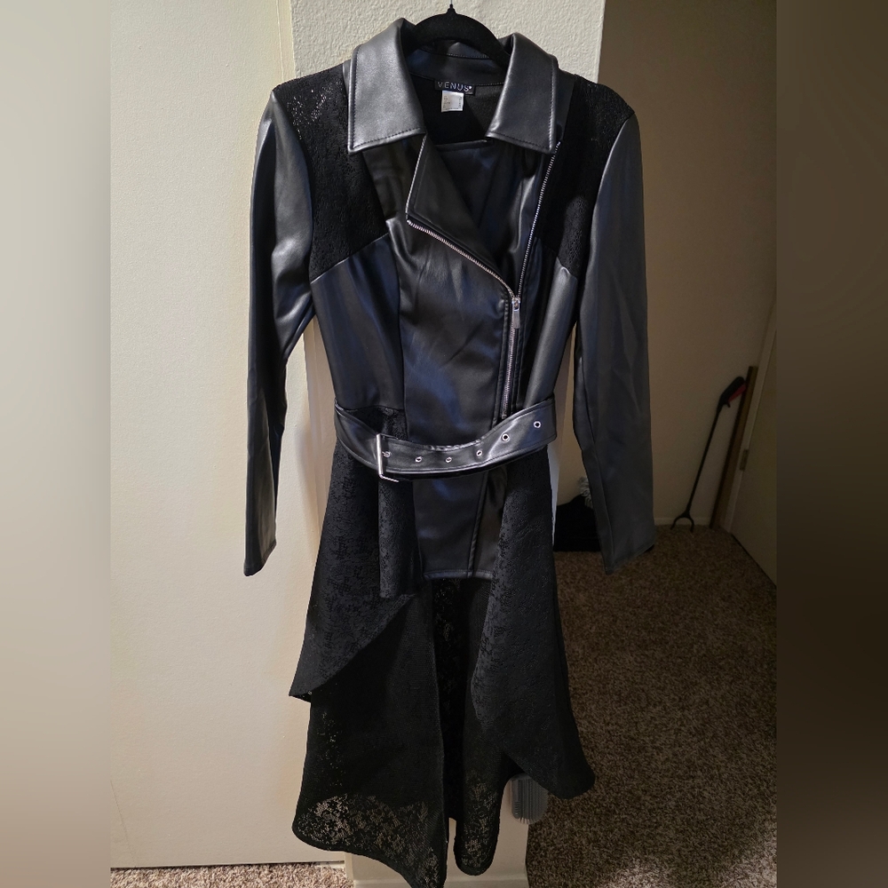 VENUS Black Faux Leather Jacket with Belt